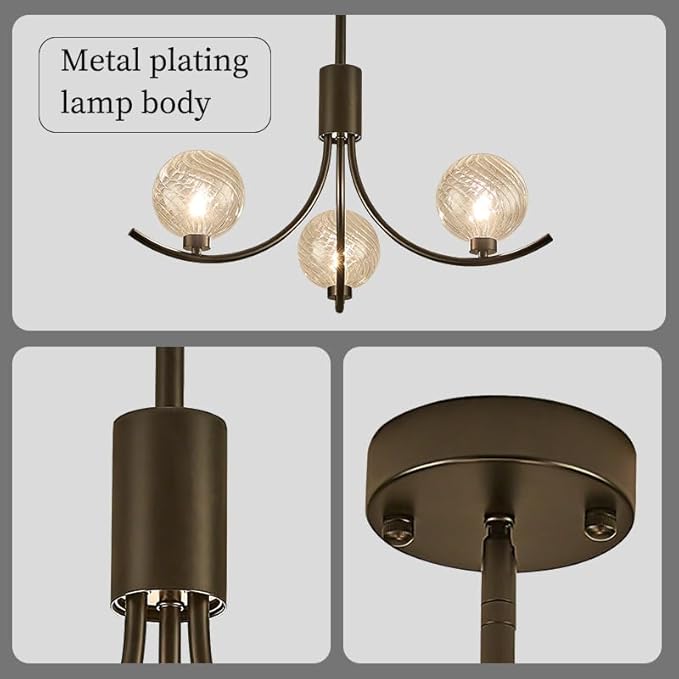 3-Head Black Modern Chandelier with 3 Clear Glass Globe Bulbs, Chandelier, Elegant Lamps with Black Accents, Ceiling Light for Living Room Kitchen Island Bedroom Entryway