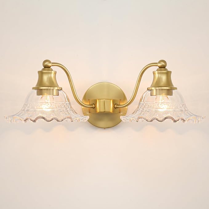 Bright Brushed Gold Bathroom Vanity Light Vintage Style, E26 Easy Mounted | Vanity Light with Flower Glass Shades, 18" Wide Bathroom Lighting Over Mirror, Easy Mounted for Bathroom, Bedroom, Hallway