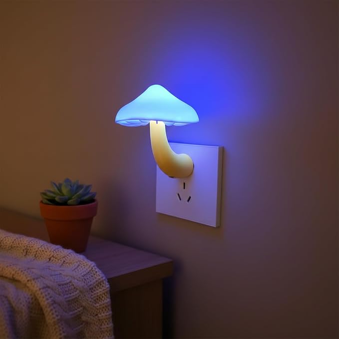 LED Mushroom Night Light Plug in Lamp, Light Sensor Night Lights Plug into Wall, Dusk to Dawn Sensor Night Light for Adults Kids Room Bedroom Bathroom Hallway Kitchen (4, Blue)