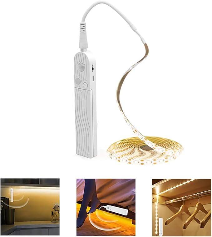 Under Cabinet Lights, 3M/10FT LED Bed Stairs Wardrobe Strip Lights Motion Sensor, 5V USB & Battery Powered Closet Night Tape Lights Four Modes, Waterproof - Warm White, 3M x 1 Pack