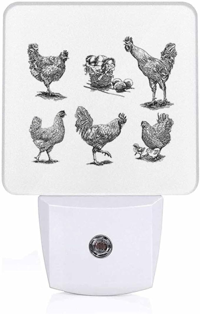 LED Night Light,Rooster Hen Chicken Walking LED Night Light Plug into Wall with Dusk to Dawn Light Sensor White Energy Efficient Nightlight for Bedroom Bathroom Hallway Living Room Kitchen