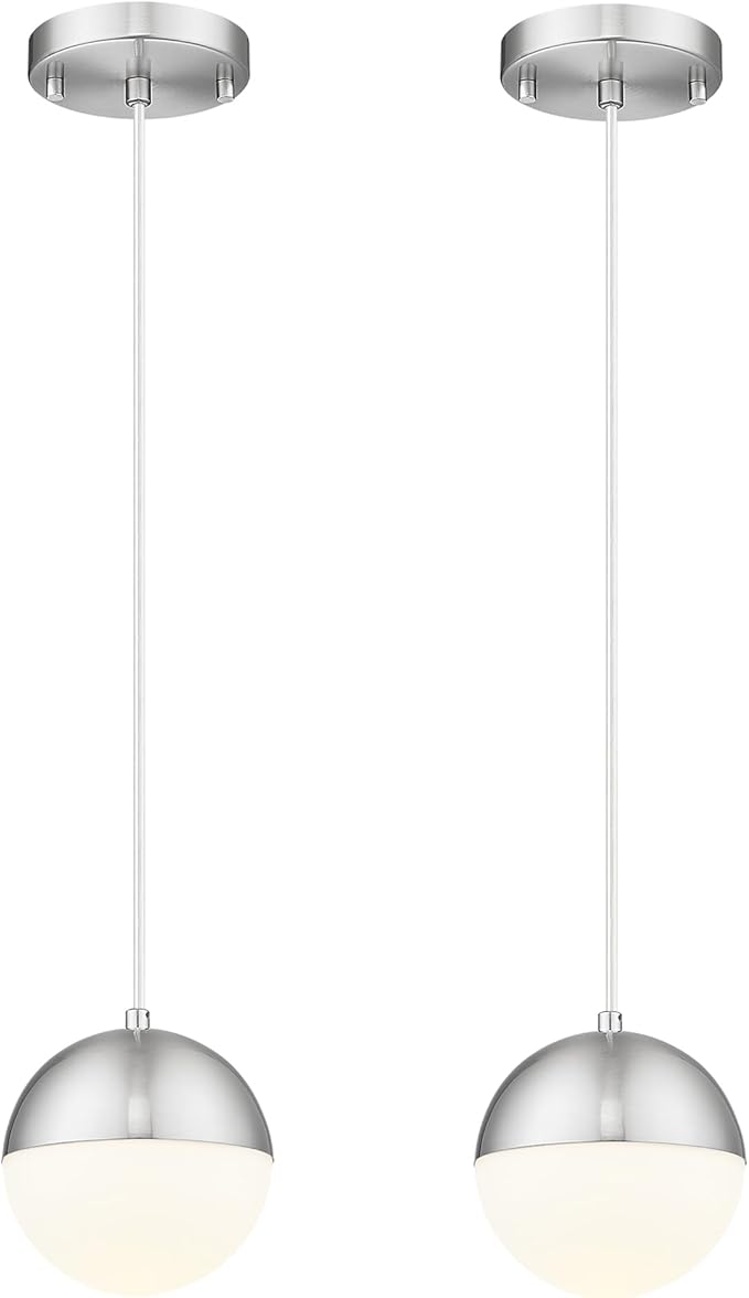 Mid Century Pendant Lights, Brushed Nickel Kitchen Island Light Fixtures with White Globe Glass Shade, Adjustable Hanging Cord, 2-Pack for Home Office Dining Room Bathroom, LMS-186PL-BNWS2PK