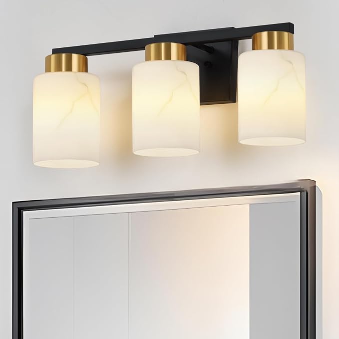 3-Light Bathroom Light Fixtures, Modern Vanity Lights, Black and Gold Metal Wall Lamp with White Marble Glass for Bathroom, Mirror, Living Room, Bedroom, Cabinet, Porch, Hallway, E26 Base