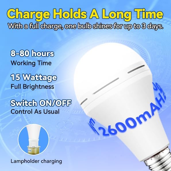 Neporal A19 Rechargeable Light Bulbs, Socket Rechargeable Emergency Light Bulb for Power Failure, Battery Backup Bulbs for Home, Hurricane, Led Bulb 60 Watt Equiv. (White, 6 Count (2600mAh))