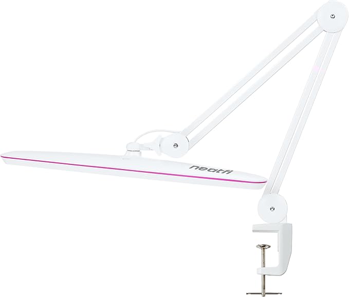 Neatfi XL 2,200 Lumens 24W LED Desk Lamp – 23” Wide Shade | Dimmable Eye-Caring Task Light | Adjustable Arm | Home Office, Study, Crafts & Nail Tech (Non-CCT with Clamp, White with Pink Ring)