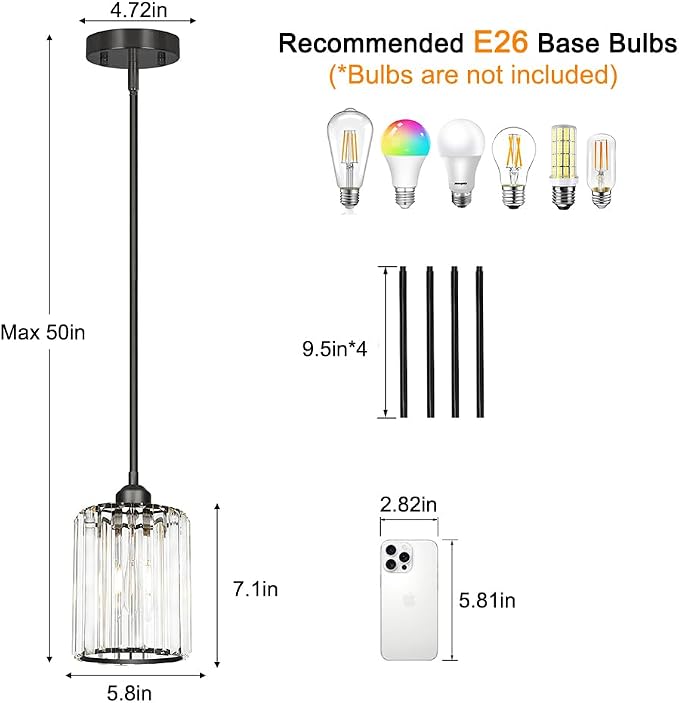 Lxybcce Black Kitchen Pendant Lights Over Island with Adjustable Rods - Crystal Pendant Lighting Fixtures 3 Pack, Ideal Over Dining Table or Bar, E26 Bulb Compatible, No Electrician Needed