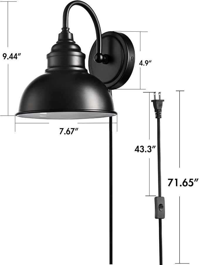 Mini Gooseneck Wall Sconce, 2-Way Mount with Switch, Black | Flexible Gooseneck, Plug-in & Hardwired Dual Installation, On/Off Switch Included, Fits Bedroom, Corridor, Porch