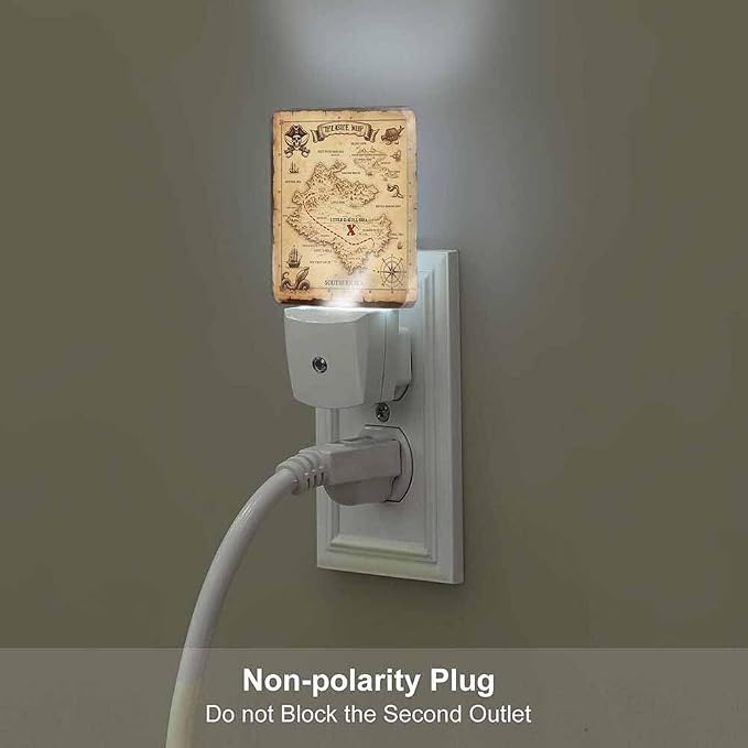 Brown Treasure Map Night Lights Plug into Wall Pirate Ship Sailing Adventure Night Light with Dusk to Dawn Sensor for Home Bedroom Bathroom Living Room 0.5W Sleep-Friendly