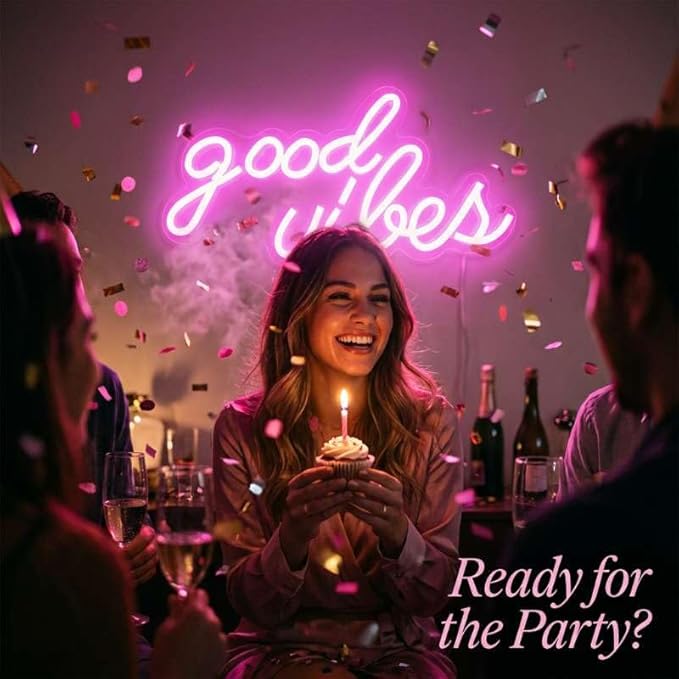 DECANIT Good Vibes Neon Sign Pink, Aesthetic LED Light for Wall Decor, Bedroom, College Dorm, Studio, USB Powered 3D Night Lamp for Birthday Gift, Party Background, 16.1x8.3 Inch