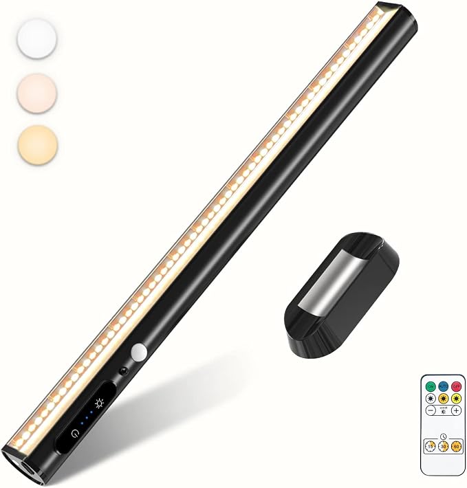 Battery Powered Operated Wall Strip Light with Motion Sensor | LED Light Bar, Rechargeable Magnetic Under Cabinet Lighting Wireless with Remote Control for Desk Mirror Closet Black