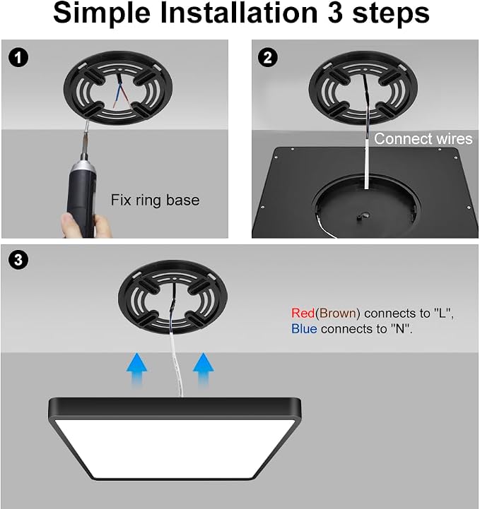 12inch 24W LED Flush Mount Ceiling Light, 6000K Square LED Ceiling Light, Black Flat Panel Lighting for Bedroom, Kitchen, Living Room