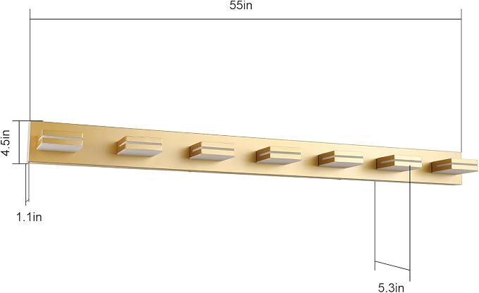 SineRise LED Modern Bathroom Vanity Light Fixtures, Modern Acrylic Bathroom Wall Lighting Fixtures Over Mirror, 7-Light, 55-Inch, Gold, 100%-0% White