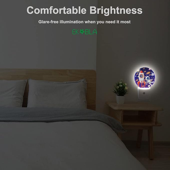 EKOBLA Astronaut Night Light, Space Rocket and Planet Cartoon Night Lights Plug Into Wall with Auto Sensor for Boys Bedroom