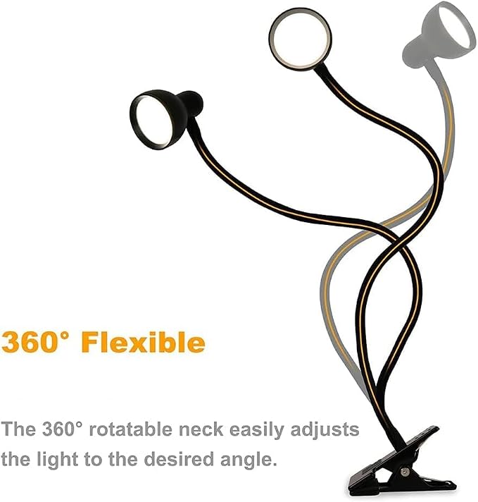 Clip on Light Reading Light for Bed 3 Color Modes Black | 10 Dimmable Brightness Eye Care Clamp Desk Lamp 360° Flexible Desk Book Light for Reading Bed Headboard Computer
