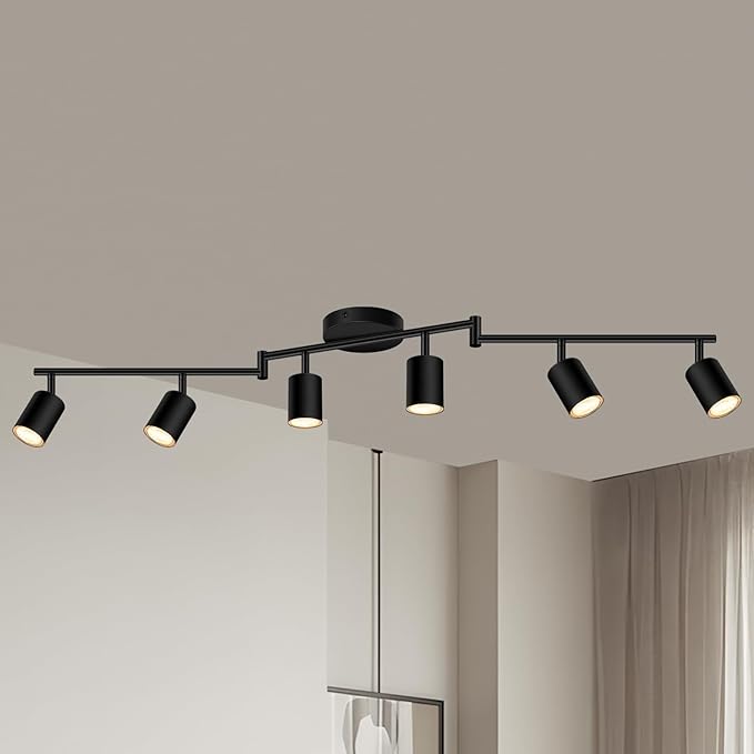 6 Light Track Lighting Fixtures Ceiling, Matte Black Kichen Track Lighting Fixtures with Rotatable Light Heads, Foldable Lamp Arms, Modern LED Track Lights for Kitchen/Hallway, No GU10 Bulb