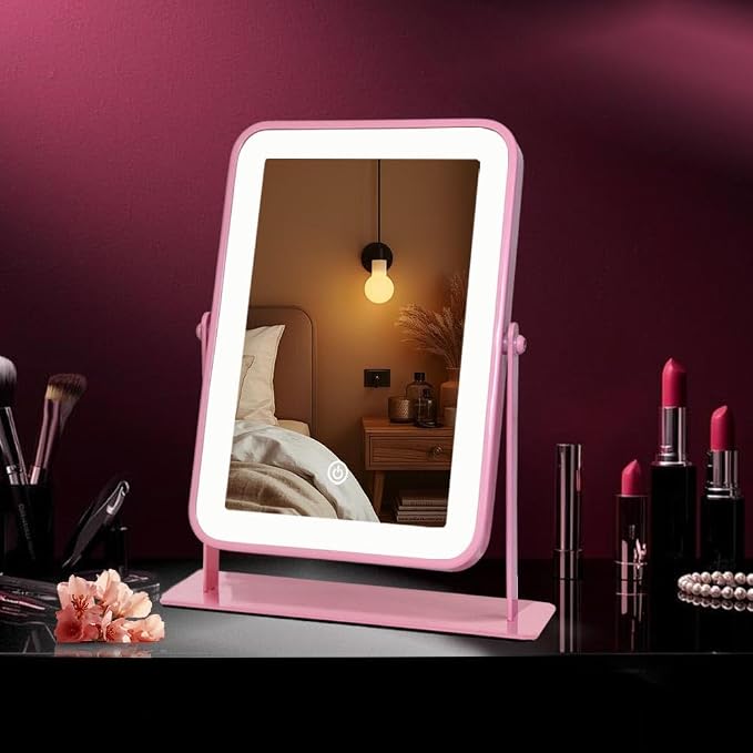 Pink LED Makeup Mirror with Lights – Rechargeable Wireless Vanity Mirror for Desk – Adjustable Brightness, 3 Color Lights Option – Ideal Gift for Women, Teens, Moms