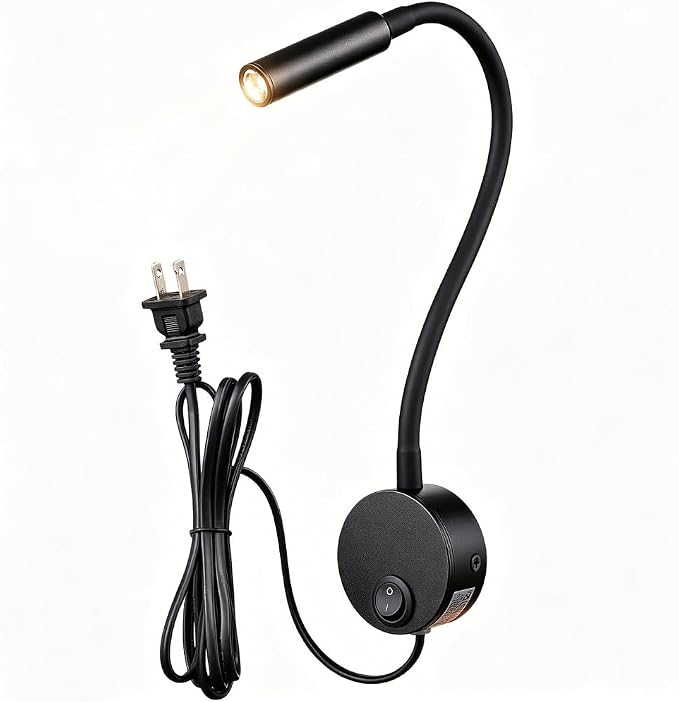 Black Reading Lamps, 25° Focused Beam 3000K Warm White LED Wall Mounted Study Reading Light for Bed Headboard, Flexible Lamp, 4.92ft Plug-in Cord, AC 85-265V