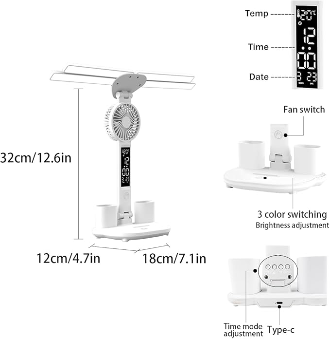 6-in-1 Led Desk Lamp Adjustable Foldable Table Lamp with Fan, Clock, Dates, Temperature, Pen Holder, 3 Color & Stepless Dimming, Reading Lamp for Study Table Work Office