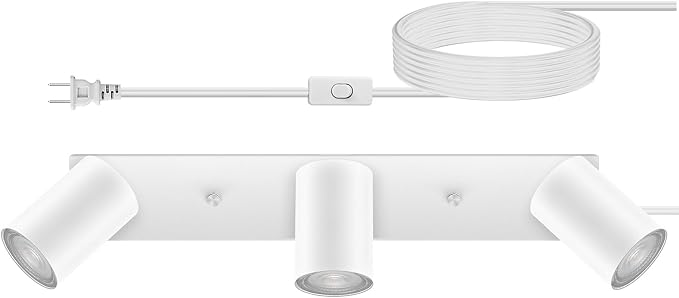 Plug in Track Lighting, 3 Light Ceiling Lighting Kit, White 3 Way Modern Wall Spotlight, 15 FT Cord,Flexibly Rotatable Complete Light Kits for Kitchen Cabinet Gallery Bar Living Room（No Bulb）