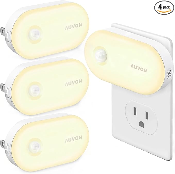 AUVON High Lumen (1-120lm) LED Night Light, Motion & Light Sensor, 4 Packs | Plug-in Nightlight, Dimmable Brightness for Bedroom, Bathroom, Hallway, Kitchen, Basement, Storage Room, Living Room