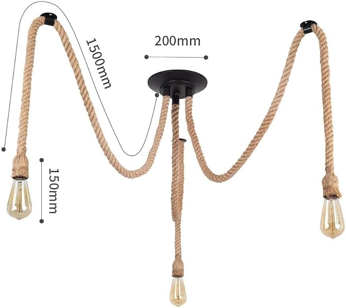 3-Light Hemp Rope Chandelier,Industrial Vintage Spider Ceiling Light Fixture,Rustic Farmhouse Hanging Pendant Light with Natural Jute Rope,E26 Base for Dining Room Kitchen Bedroom Cafe Bar