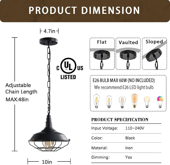 Black Farmhouse Pendant Light - 2 Pack Industrial Vintage Hanging Light Fixtures Metal Wire Cage Pendant Lighting with Adjustable Chain for Kitchen Barn Hallway Porch Dining Room