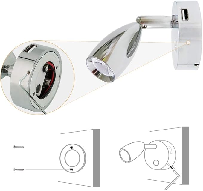 THALASSA RV 12V RV Reading Light with USB Port & Touch Dimmer Switch with Blue Night Light Mode, Polished Chrome Wall Sconce for 10V-30V System of Caravan Motorhome Trailer Camper Van