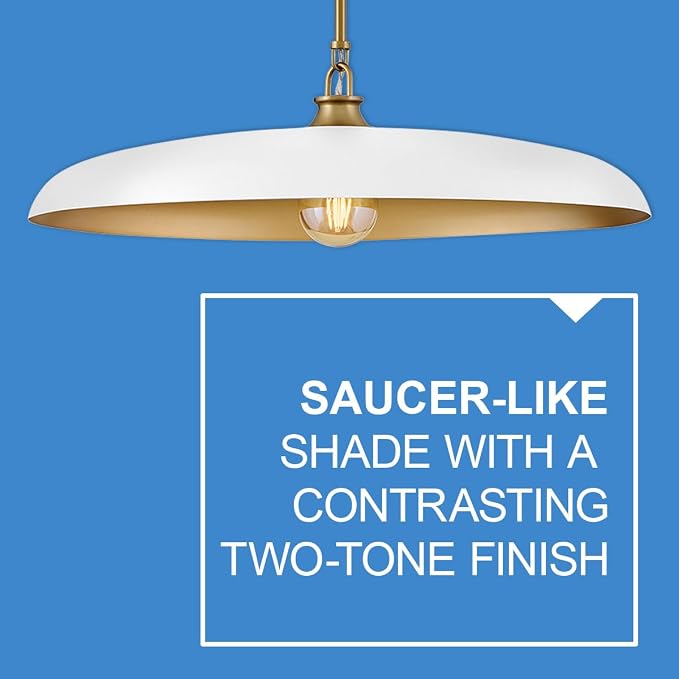 Hinkley Sadie 18" Medium Dome Pendant, Chalk White with Lacquered Brass | Two Tone Saucer Chandelier, Includes (5) 7" Downrods, Needs a Med. LED Bulb, Adjustable Height, Dining Room, Kitchen