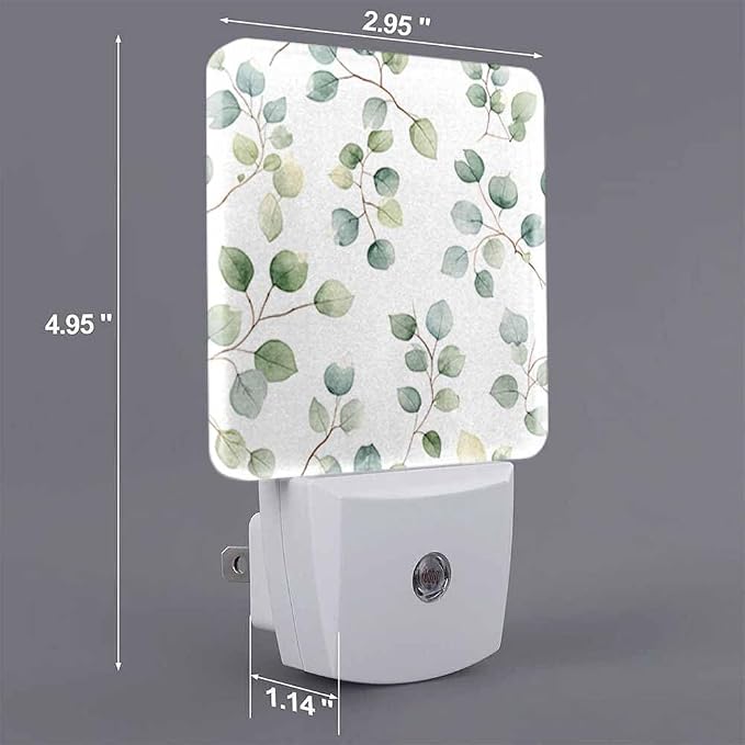 Green Leaves Night Light Plug-into Wall Eucalyptus Round Leaved Branches Nightlight Lamp with Dusk to Dawn Sensor, Led Lamp 0.5W Energy Efficient for Home Decor
