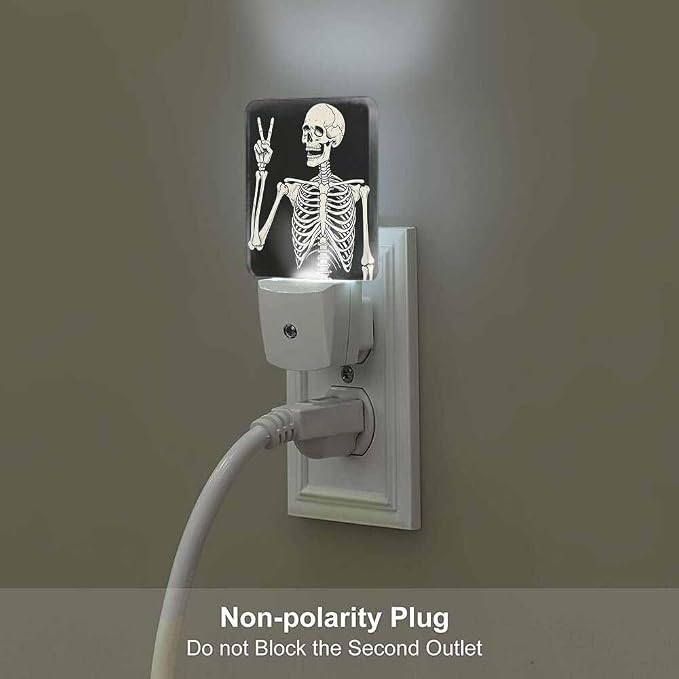 Skeleton Night Light Plug-into Wall Human Skeleton Posing on Black Background Nightlight Lamp with Dusk to Dawn Sensor, Led Lamp 0.5W Energy Efficient for Home Decor