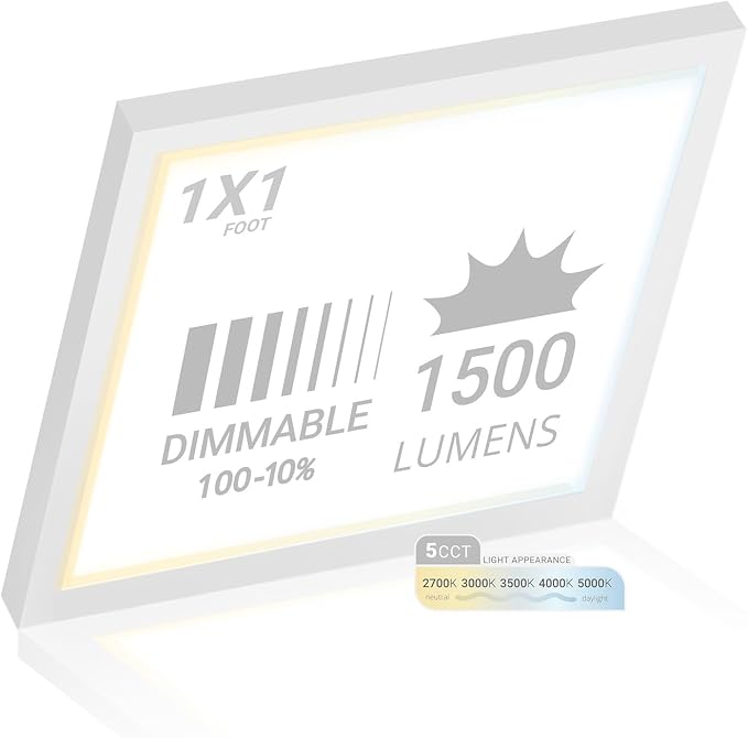 1x1 FT LED Square Surface Mount Panel, 5CCT 2700K/3000K/3500K/4000K/5000K Selectable, 1500LM 18W, Internal Driver, Dimmable Flat Panel, 120V, CRI90, 12" Inch Flush Mount Ceiling Light, 1" Thick