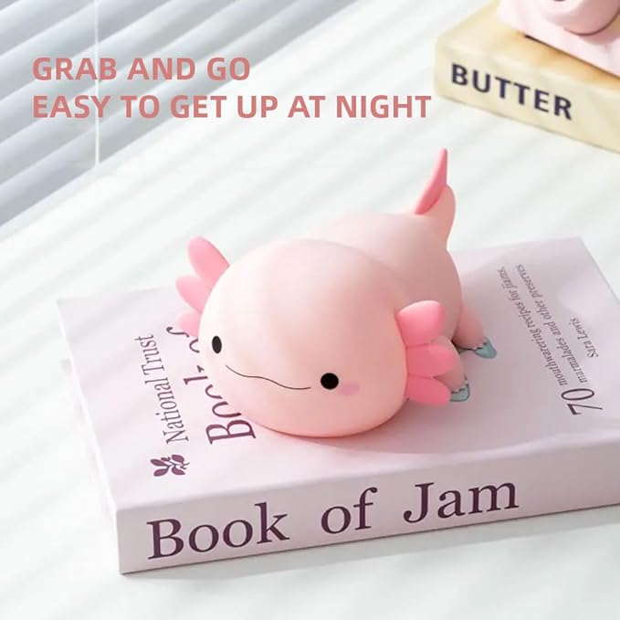 Axolotl Night Light – Cute Rechargeable Dimmable Silicone Lamp for Kids, Kawaii Bedside & Nursery Decor, Trendy for Girls & Boys (Pink)