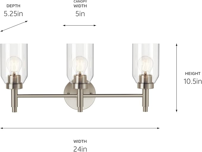 Kichler Madden 3-Light Bathroom Vanity Light, Brushed Nickel | Modern vanity light with clear glass for single or double bathroom mirrors (24" x 10.5"), 55185NI