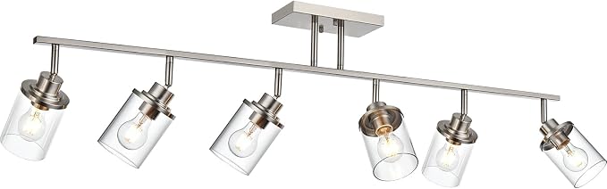 Yaohong 6-Light Track Lighting Kit Brushed Nickel Track Lighting Fixtures, Bathroom Wall Light Ceiling Mount Rotatable Spotlights, Kitchen Ceiling Light Fixtures with Glass Shade for Bathroom Hallway