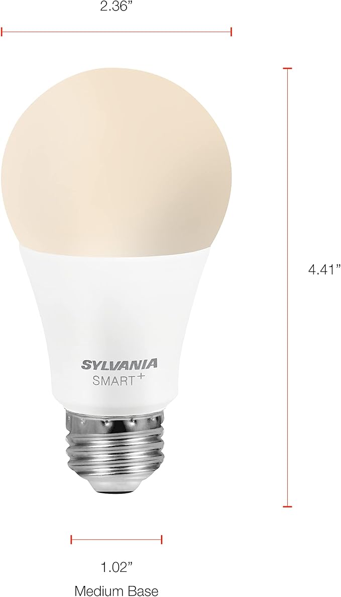 Sylvania Smart+ Bluetooth Mesh 60W Equivalent A19 LED Light Bulb, Dimmable Soft White, Compatible with Alexa, 2 Pack