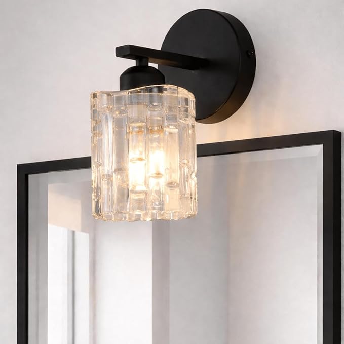 1-Light Modern Matte Black Crystal Wall Sconce, Hardwired Indoor Bathroom Vanity Light Fixture, Crystal Over Mirror Wall Lamp for Living Room, Bedroom, Hallway