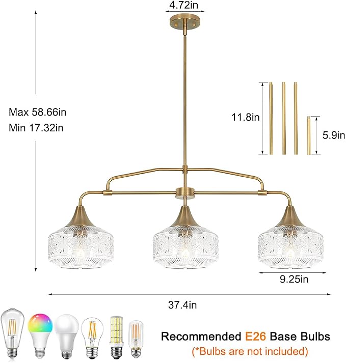 Farmhouse 3-Light Adjustable Kitchen Island Lighting with Clear Glass Shades, Brass Gold Finish Pendant Lights for Dining Room Table, Industrial Island Lights Chandelier for Modern Home Decor