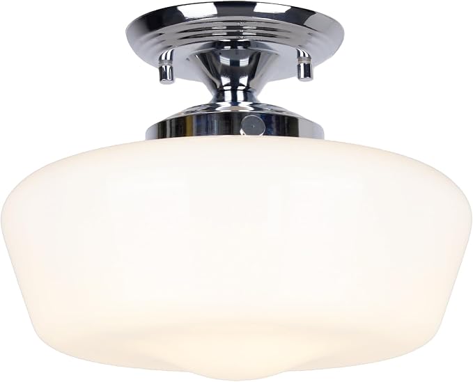 Schoolhouse Style Semi Flush Mount Ceiling Light Fixture, 12" Modern Chrome Hallway Ceiling Lamp with Opal Milk Glass Shade, Farmhouse Globe Light for Bedroom Kitchen Hallway Entryway Laundry