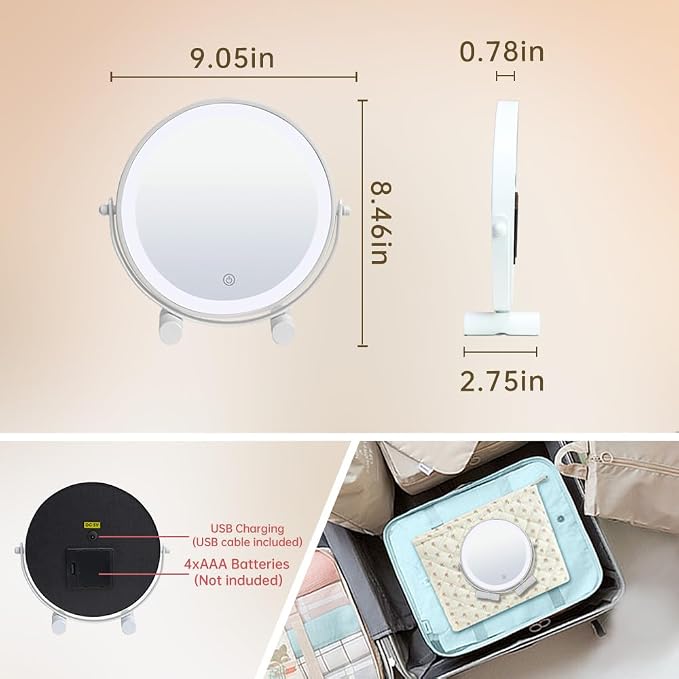 YEKKOPT Travel Vanity Mirror with Lights, 8" Small LED Makeup Mirror with Lights,360°Rotation Dimmable Portable Desk Round Mirror for Dressing Room & Bedroom,Folding Stand, White