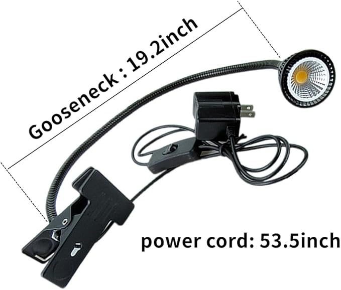 QUANS 5W Clip on Clamp Gooseneck COB LED Desk Table Light lamp Cool White 19inch Neck Black