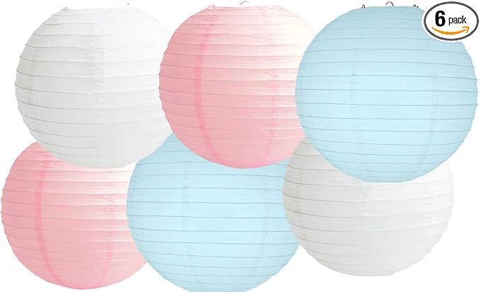 Pack of 6 Round Paper Lantern Lamp Paper Lanterns Party Decorations (Baby Pink Blue Shade, 6")