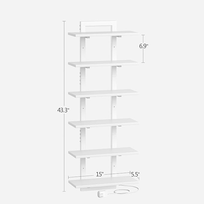 6 Tier Wall Shelf Unit Floating Shelves with LED Light, Vertical Wall Shelf, Wall Mounted Display Shelf for Living Room, Bedroom, Vanity, 15" W x 5.9" D x 43.3" H, White