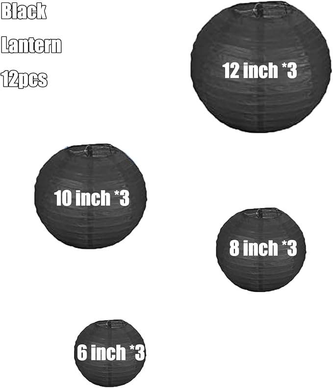 12Pcs 6,8,10,12 Inch Mixed Sizes Black Paper Lanterns Decorative Chinese, Japanese Hanging Round Paper Lanterns Lamp for Birthday, Wedding, Christmas, Bridal, Home Decor, Party Decoration