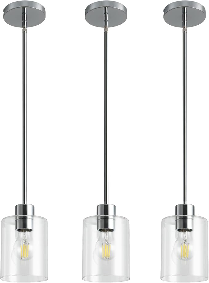 Chrome Pendant Lights Kitchen Island - Clear Glass Pendant Light Fixture Multiple Stems Rods 3 Units 12 Inch 3 Units 4 Inch (3 Pack Chrome Downrod)