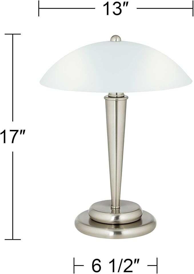 Deco Dome 17" Small Table Lamp Touch On-Off Accent Brushed Nickel | Frosted White Glass Modern Living Room Bedroom House Bedside Nightstand Home Office Reading Family