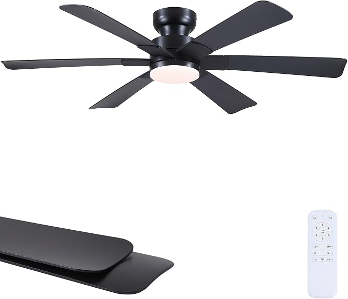 Asyko 52" Black Modern Low Profile Ceiling Fan with LED Light and Remote | Super Large Airflow with 6 Wind Speeds, Reversible, Dimmable 3 CCT LED Light, Noiseless 30W DC Motor,for Bedroom Kitchen