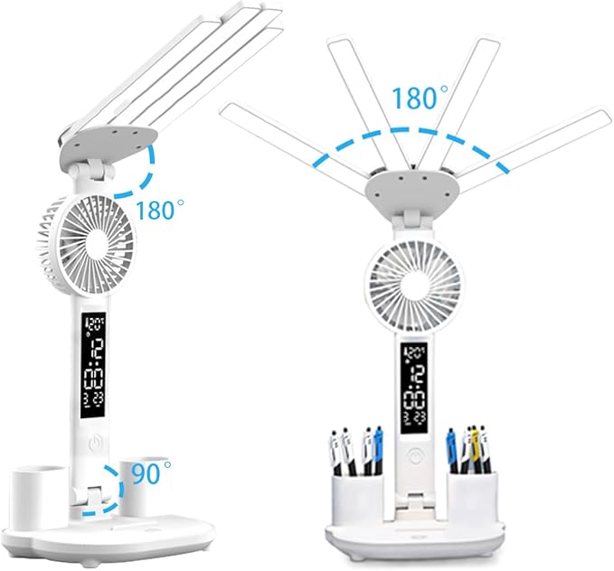 6-in-1 Led Desk Lamp Adjustable Foldable Table Lamp with Fan, Clock, Dates, Temperature, Pen Holder, 3 Color & Stepless Dimming, Reading Lamp for Study Table Work Office