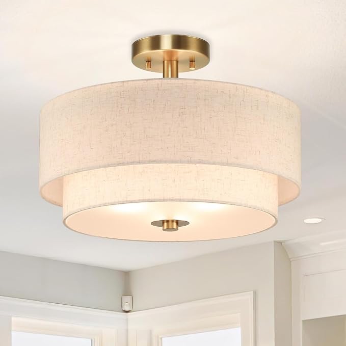 XiNBEi Lighting 16" Semi Flush Mount Ceiling Light for Bedroom, Brass | 3-Light Double Drum Light Fixture, Linen Fabric Shade, Close to Ceiling Lamp, For Living Room Kitchen Entryway Hallway Foyer