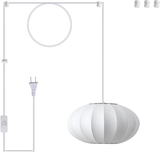 11.8in Plug in Lantern Pendant Light, Small White Imitation Silk Pendant Light Wabi Sabi Saucer Japanese Bubble Hanging Lamp Chandelier for Living Dinning Room Kitchen Island Bedroom 1 Pack
