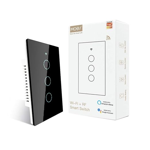 MOES Touch Wall Single Live Wire Smart Switch，No Neutral Wire Needed, 2.4GHz WiFi RF433 Light Switch Works with Smart Life/Tuya App, Alexa and Google Home, Single Pole 110V, Black 3 Gang